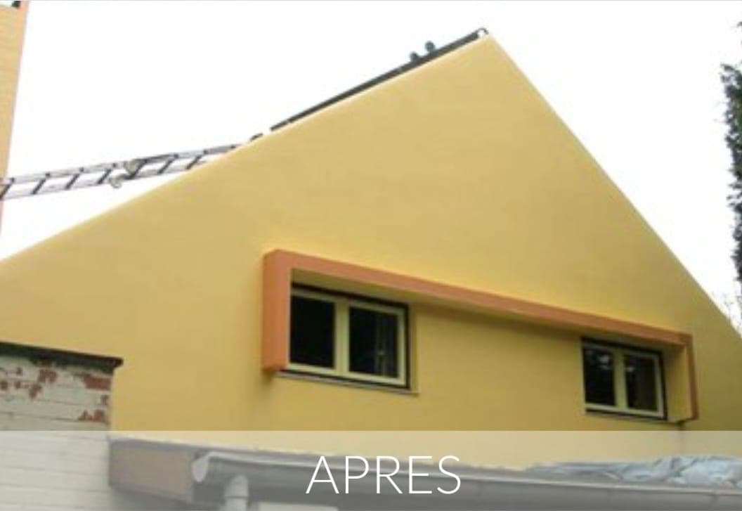 Pignon de maison repeint avec encadrements de fenêtres en couleur